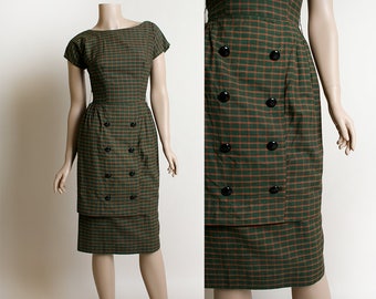 Vintage 1950s Dress - Dark Olive Green Plaid Tartan Wiggle Dress - Double Breasted Button Skirt Two Layered - XS