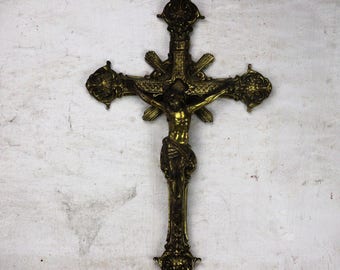 Vintage French Hanging Ornate Crucifix Cross Brass Jesus Christ Savior 14.17"
