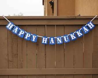 HAPPY HANUKKAH banner for Hanukkah Parties, Decoration, Mantle | Blue & White