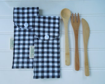 Reusable bamboo cutlery and carrying pouch - Picnic cutlery case - Flatware pouch - Bamboo cutlery - Black/white checkers