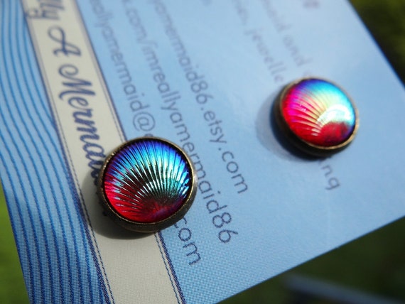 Dark Red AB Clamshell Stud Earrings Studs Mermaid Tiny Little Clam Shell Seashell Tail Scale Scales Iridescent Earring Aura Aurora Borealis