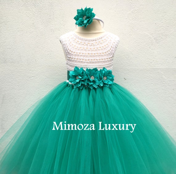 Flower girl dress, tutu dress, bridesmaid dress, princess dress, crochet top tulle dress, hand knit top tutu dress, teal sea green tutu
