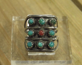 Vintage Sterling Silver Turquoise and Coral Ring Size 4.5
