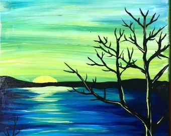 Blue Lake Landscape Painting, Acrylic painting on canvas, Sunset painting