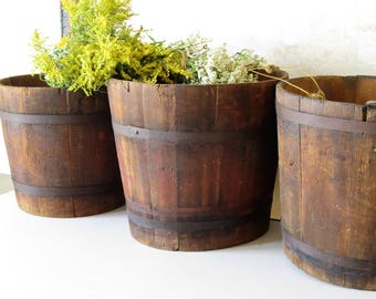 Vintage wooden bucket, rustic wooden bucket, vintage farm bucket, wood pail, flower planter