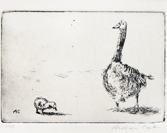 original etching of a mother goose and gosling