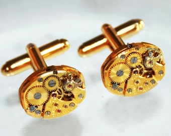 BULOVA Men Steampunk Cufflinks: RARE 17 Jewels Gold Vintage Watch Movement - Matching Men Steampunk Cufflinks Cuff Links Men Wedding Gift