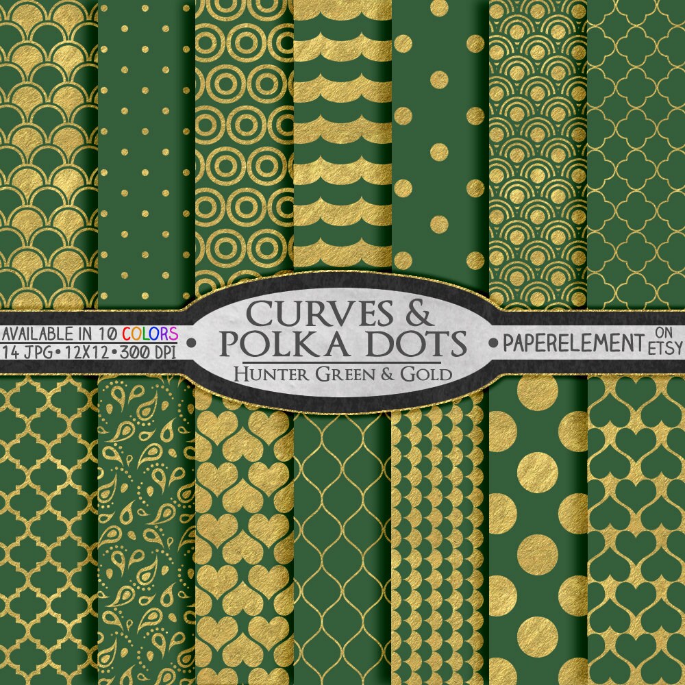 Hunter Green and Gold Polka Dot Wedding Paper Foil Metallic