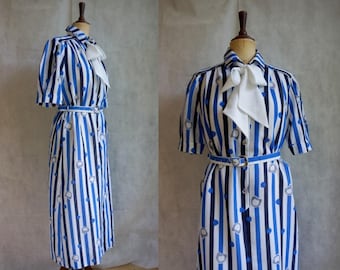 Blue&White Patterned 1970s Shirtwaist Dress