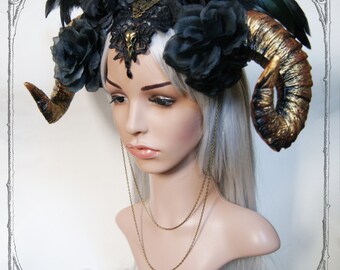 Ram Horn Headdress ( Gold, Roses, Goth , Fantasy, Headpiece )