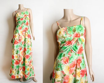 Vintage 1970s Maxi Dress - Floral Print Vibrant Watercolor Full Large Sweep Floor Length Gown - Cotton Summer Dress - Small Medium