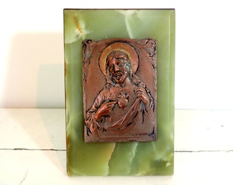 French Vintage Sacred Heart Of Jesus Plaque/Vintage Sacred Heart Of Jesus Plaque/Vintage Jesus Plaque/Copper And Marble Jesus Plaque