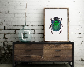 Beetle art print - Blue iridescent beetle wall art - 11x14 8x10 beetle wall art - Modern wall prints - Printable men gift - Beetle print