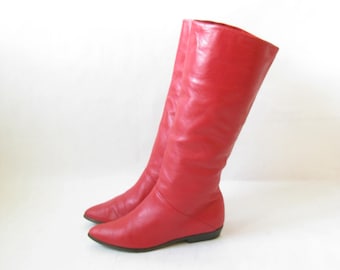 Vintage 80's Red Leather Riding Boots. Size 6 1/2