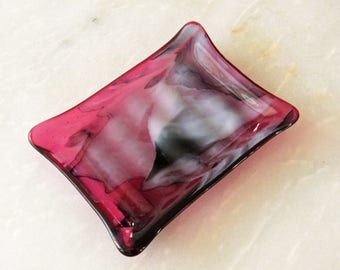 Deep Pink Fused Glass Soap Dish with Swirling Black and White - Pink Glass Soapdish