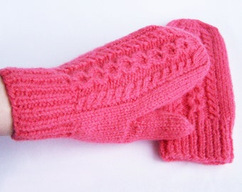 Bright pink mittens Woman teen knit chunky wool mittens Warm cozy mittens For medium size L and XL