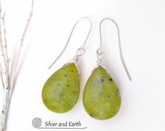 Green Jade Earrings, Sterling Silver, Stone Dangle Drop, Simple Earthy Jewelry, Natural Stone Jewelry, Green Stone Earrings, Spring Jewelry