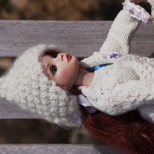 Ellowyne Wilde or little darling bonnet tied wool and fabric