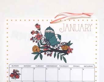 2018 Wall Calendar, size 8.5x11 inches featuring 12 different illustrations in green, blue,teal, aqua, gray, yellow, coral, mustard and gray