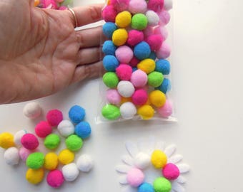 Pack of 50pcs Polyester Pom Poms Mixed Happy Colours 15 mm Craft Loose Pom Poms Small Loose Bobbles for Crafts Happy Colour Mix