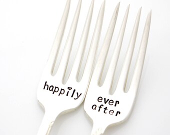 Wedding Forks, Happily Ever After. Stamped Silverware for "something old" engagement gift by Milk & Honey