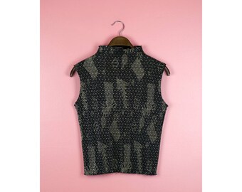 90s Vintage Accordion Crinkle Sleeveless Top w/ Mock Turtleneck & Reflective Metallic Pattern - Size S-M