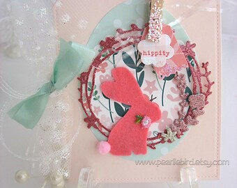 Shabby Chic Bunny Rabbit Card~arty tag shape card~baby shower card~velveteen rabbit~Easter Bunny~pink~green~blue~yellow~lavender~coral~kraft