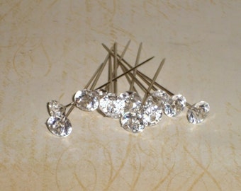 French Chic Clear Diamond Crystal Accent Stick Push Pins Set of 12