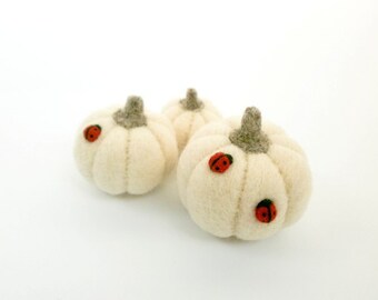 MADE TO ORDER, White pumpkin decoration, Set of 3 felted pumpkins, Red Ladybug, Halloween decor, Miniature vegetables, Thanksgiving, Waldorf