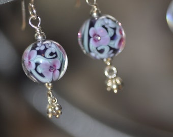 Purple, Green and Pink Floral Lampwork Earrings