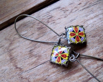 Whimsical earrings, Mexican tile design in minature, Talavera pottery design, Mexican folk art drop earrings, Native American, Tribal dangle
