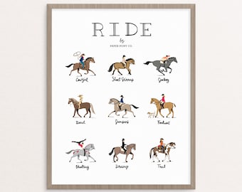 RIDE Horses Art Print // Whimsical Illustration Horses Pony Equestrian Hand Lettered Type Animals Fun Poster // by Paper Pony Co.