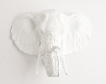 Elephant Head Wall Mount by White Faux Taxidermy - The Tolsby Elephant White Wall Hanging - Resin Elephant Wall Mount - Fake Animal Head