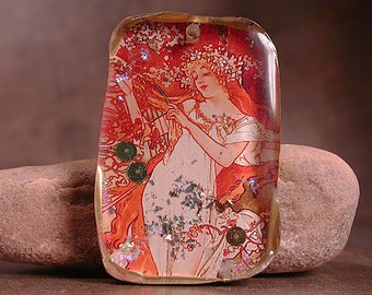 Rustic Resin Pendant, Alphonse Mucha Seasons Series, Mixed Media Focal Bead, Divine Spark Designs, SRA