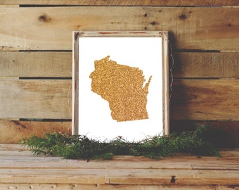 Wisconsin Wedding, Wisconsin Print, Gold Wall Art, Dorm Art, Cubicle Decor, Green Bay, University of, Wisconsin