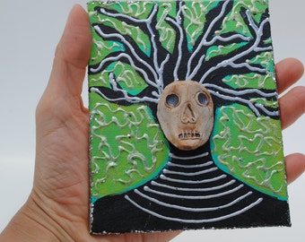 mixed media art collage assemblage original halloeen art dia de los muertos