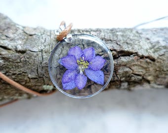 Floral botanical pendant with real pressed flower