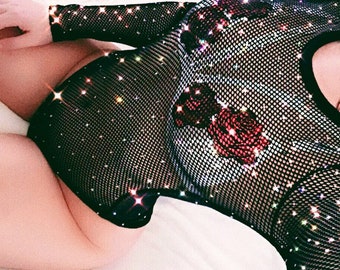 Ciara ~ Diamanté Fishnet Sparkle Bodysuit