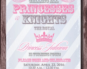 Princess and Knight Birthday Party Invitation - Prince and Princess - Princesses and Knights Party Invitation 5x7 - Pink, Silver & Blue