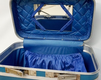 Vintage Royal Blue Train Case Cosmetic Case Suitcase Luggage Carry On