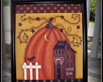 Primitive Fall Autumn Pumpkin Saltbox House Canvas Framed Home Decor