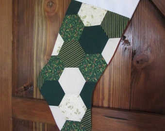 Quilted Christmas Stocking, Green, Gold and Red Sparkly Christmas Stocking, Hexi Christmas Stocking, Stocking Holiday Decor,
