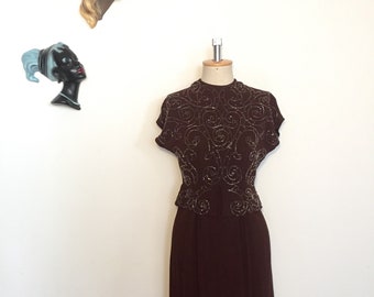 Vintage 40s Brown Crepe Beaded Dress