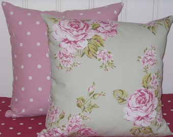 Cushion Covers, Pillow Cases, Sage Green cushion cover, cottage chic cushion cover, Cottage Style Pillow Cases, Roses, Pink Dotty, 16 x 16,