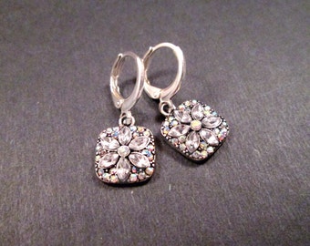 Rhinestone Flower Earrings, Silver Dangle Hoop Earrings, FREE Shipping U.S.