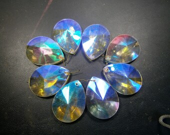 8 Large faceted AB Chandelier Prisms, Aurora Borealis Flat Back Crystals, Lamp Prisms, Replacement Prisms, Jewelry Supply, Craft Supply