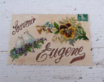 Vintage Antique 1900s embossed die cut glittered postcard Doves & flower bouquet