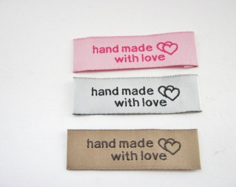 24 Fabric Labels "Handmade with Love" 50mm (2" inch) Pink White Beige Sew On Clothes Labels Tags Sewing Tags Dressmaking Accessories