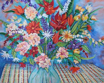 Still life painting with brightly colored flowers