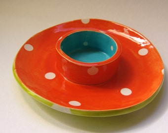 whimsical pottery Serving Plate ceramic fired bright tangerine orange, chartreuse & Turquoise w/ polka-dots